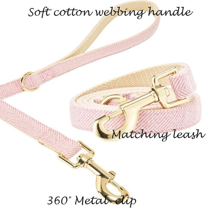 Luxury Soft Cotton Tweed Fabric Dog Collar & Leash Set with Gold Buckle – Durable Fabric, Stylish Design for Everyday Walks(Large Pink)