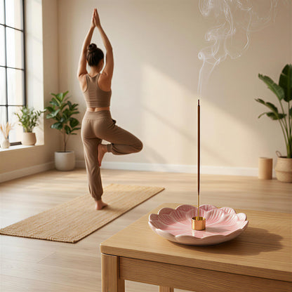 Pinehaven Pink Lotus Incense Holder – 5.5 Inch Hand-Sculpted Ceramic Tray with Ash Catcher, Brass 9-Hole Insert – for Incense Sticks, Cones, Palo Santo & Sage – Japanese Zen Home Décor for Meditation