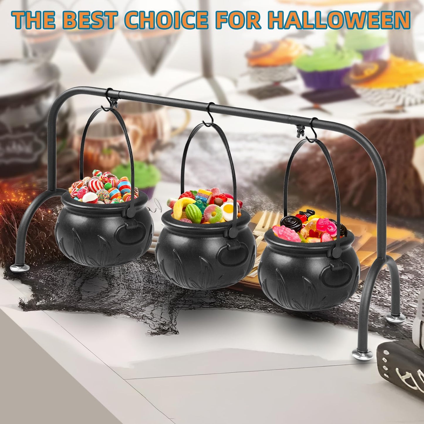 Kendane Easter Decorations Indoor,Set of 3 Witches Cauldron Candy Serving Bowls on Rack, Party Decorations,Black Plastic Candy Cauldron for Table Decor,Easter Candy for Kids