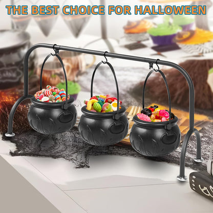 Kendane Easter Decorations Indoor,Set of 3 Witches Cauldron Candy Serving Bowls on Rack, Party Decorations,Black Plastic Candy Cauldron for Table Decor,Easter Candy for Kids