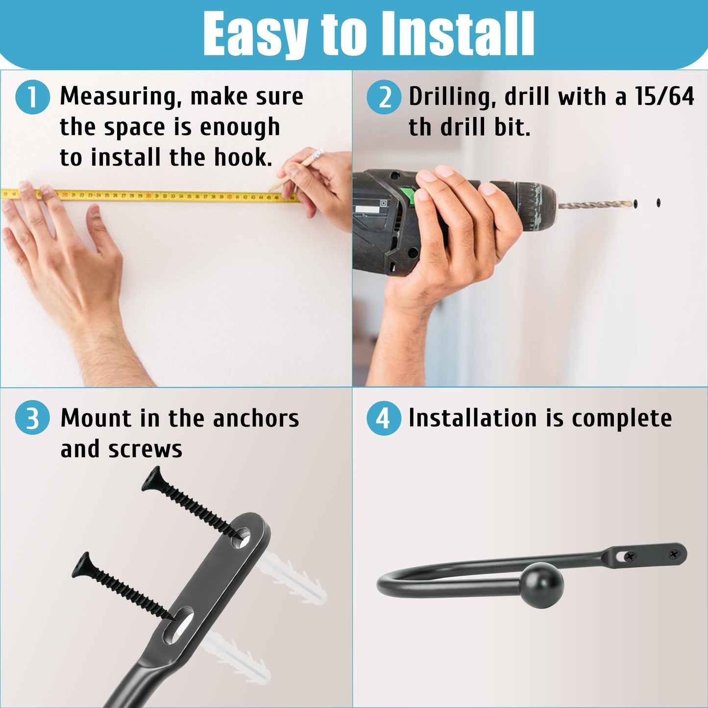 VRSS Wall Mount Curtain Tiebacks Drapery Holdbacks Curtain Holdback Hooks 6" L x 3" W Simple Style (4pcs Black)