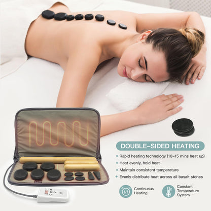 Goodtar Massage Stones Set with Warmer Kit Hot Rocks Bamboo for Massage Hot Stones Massage Warmer Kit with Temperature Control and Carry Bag for Home Use (11 Stones and 3 Sticks) Suitable for Gifting