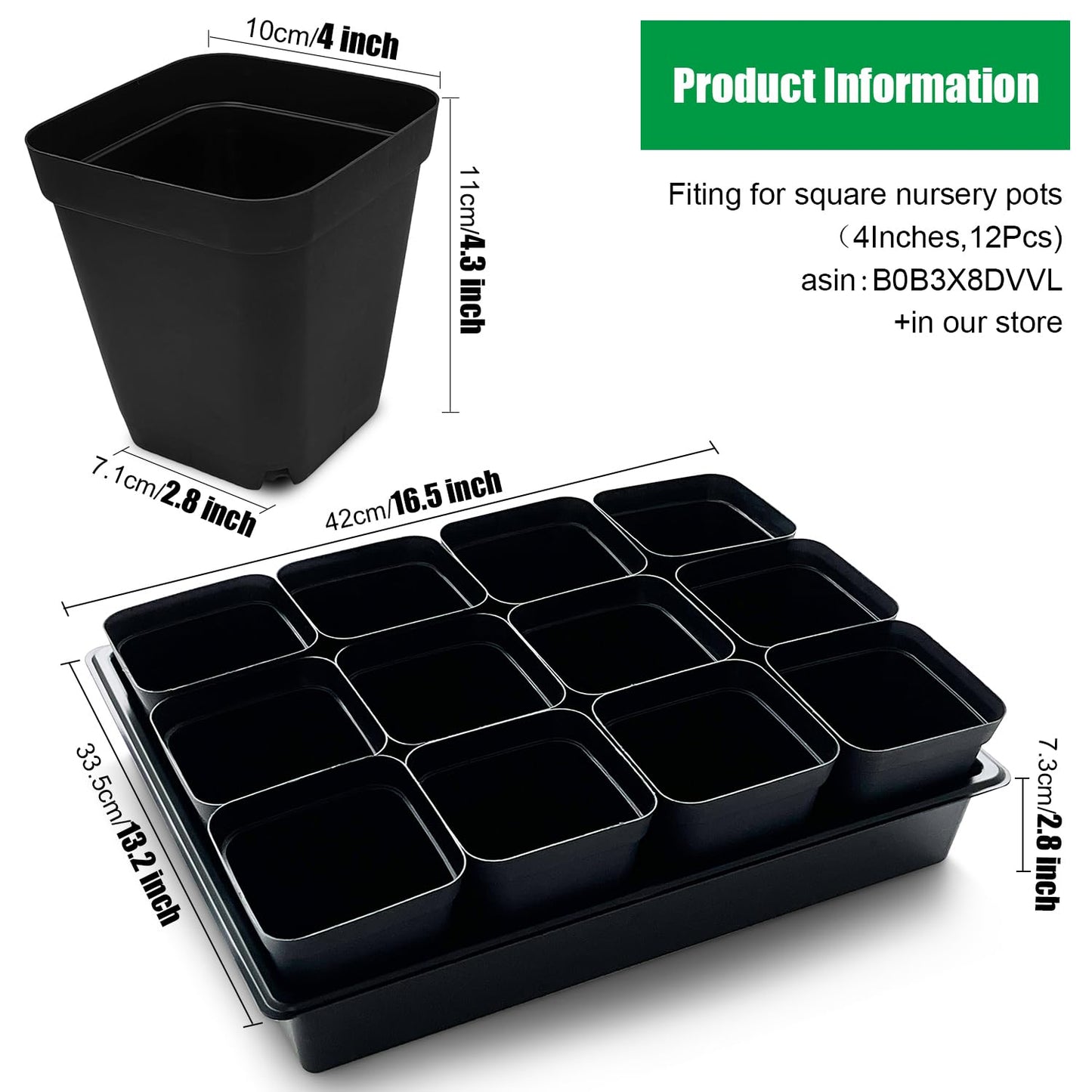 RooTrimmer Seed Starter Tray, 10 Packs Plant Tray, Durable Plastic Growing Trays, Stackable Seedling Starter Trays Perfect for Indoor, Outdoor, Greenhouses, 16.5" L x 13.2" W x 2.8" H - Black