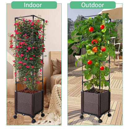 Antmoilios Raised Garden Bed with Tomato Cage & Trellis, 56" Self-Watering Tomato Planter Box for Vegetables Flowers | Lockable Wheels, Vertical Gardening | Indoor Outdoor Patio Use, Easy Assembly