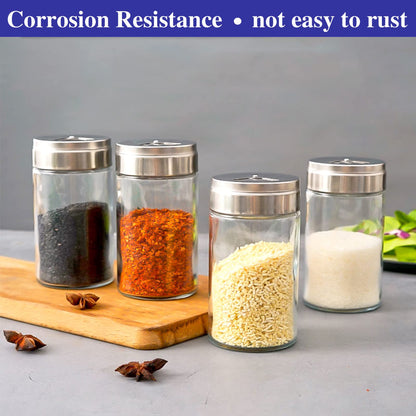 4pcs Salt and Pepper Shakers Set, Salt Shaker and Pepper Shaker with Adjustable Pour Holes, Pepper and Salt Container with Stainless Steel Lid,Glass Salt and Pepper Shakers,Spice Shaker for Kitchen