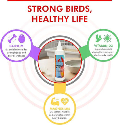 Morning Bird Calcium Plus Liquid for Birds – Calcium Supplement with Vitamins and Minerals for Strong Eggshells, Healthy Bones - Support Growth, Breeding, and Wellness for All Birds 8 Fl Oz