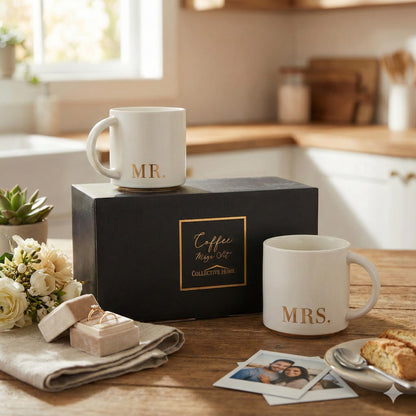COLLECTIVE HOME Mr. & Mrs. Ceramic Mug Set - 15oz Luxury Wedding Gift for Couples, Elegant 2-Piece Coffee Cups for Newlyweds, Anniversary & Engagement Gift Box Set (MR & MRS)