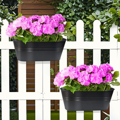 Venyat 16 Inch 4 PCS Metal Hanging Flower Pots for Railing Fence, Large Railing Planters for Outdoor Plants, Fence Hanging Planters with Detachable Hooks for Garden Balcony
