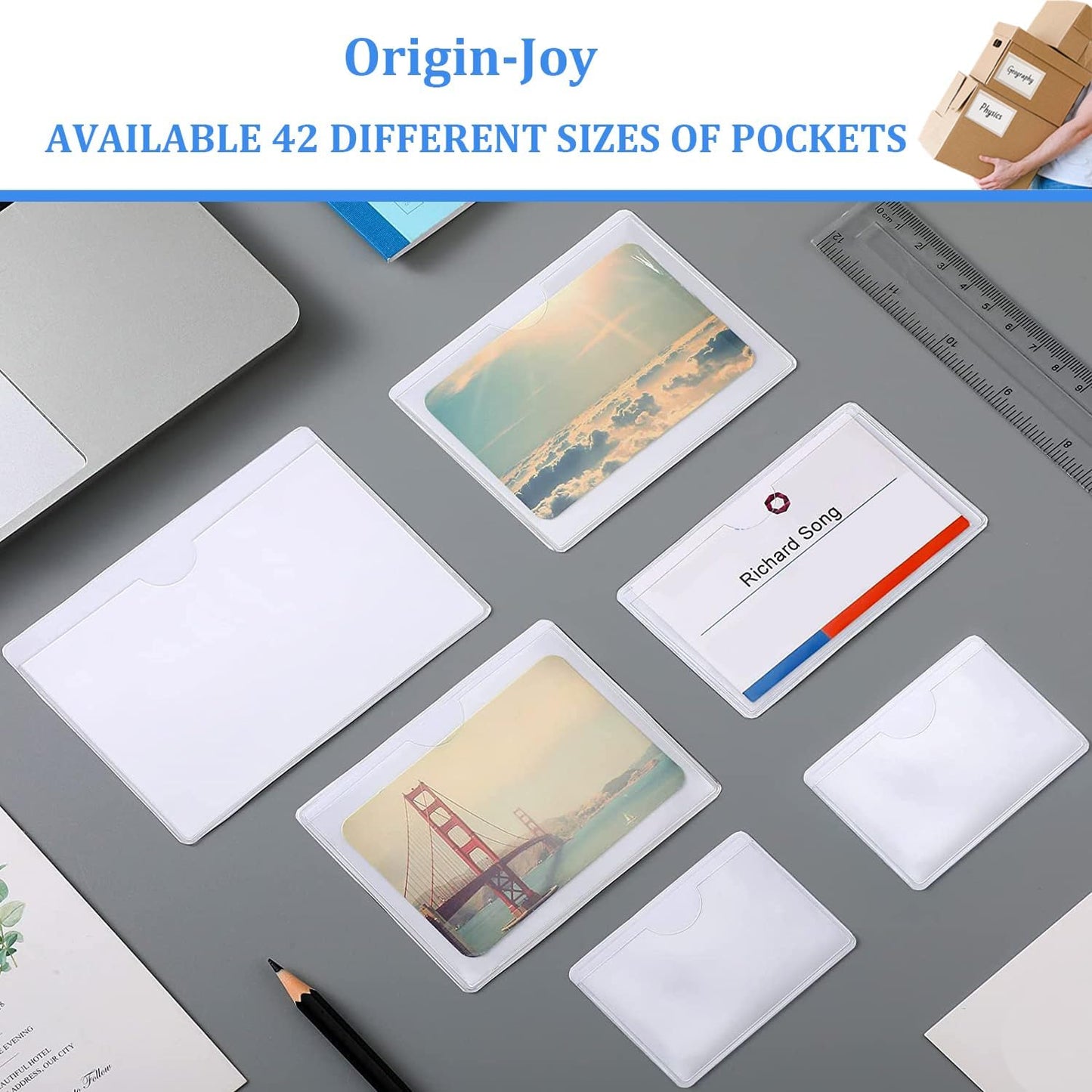 Origin-Joy 35 PCS Self Adhesive Index Card Pockets with Top Open, Clear Plastic Label Holder for Cards of Note, Library and Business, Adhesive Label Pockets & Card Holder (8.5 x 3.5 inch)