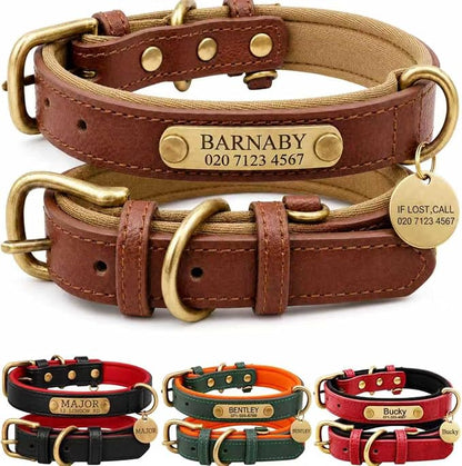 Leather Dog Collar Personalised and Leash Set, Personalized with Soft Padded Design Heavy Duty Featuring Custom Engraved Name Plate for Small Medium and Large Dogs