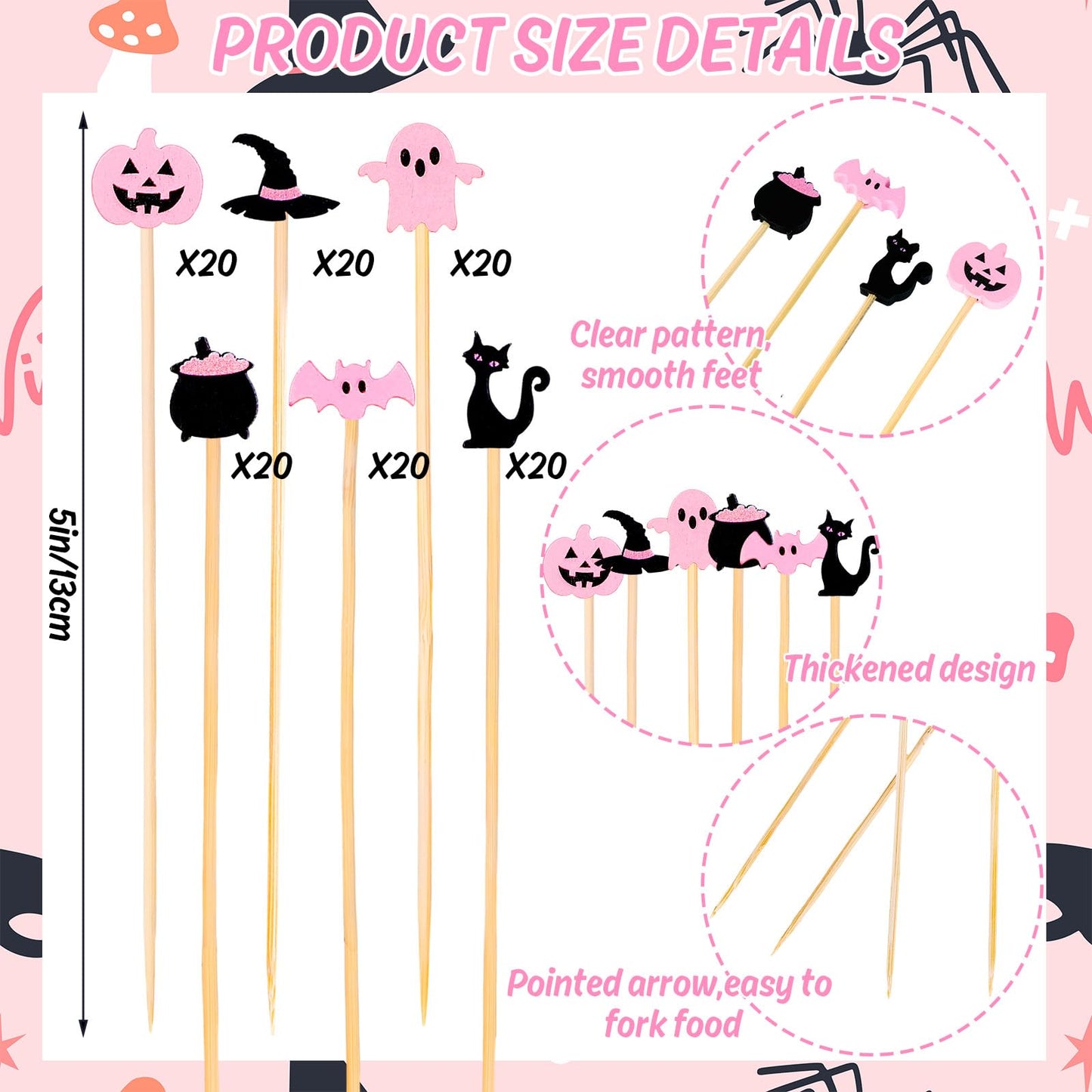 Whaline 120 Pcs Pink Black Halloween Cocktail Picks Cute Ghost Pumpkin Bamboo Toothpicks Garnish Sticks for Appetizers Fruit Sandwiches Drinks Skewers, 6 Designs