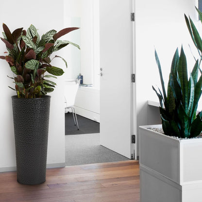 Worth 2 Pack 28" Tall Narrow Metal Planter with Inside Pot for Indoors or Outdoors, Deck, Patio or Front Porch, Hand-Hammered Texture, Black