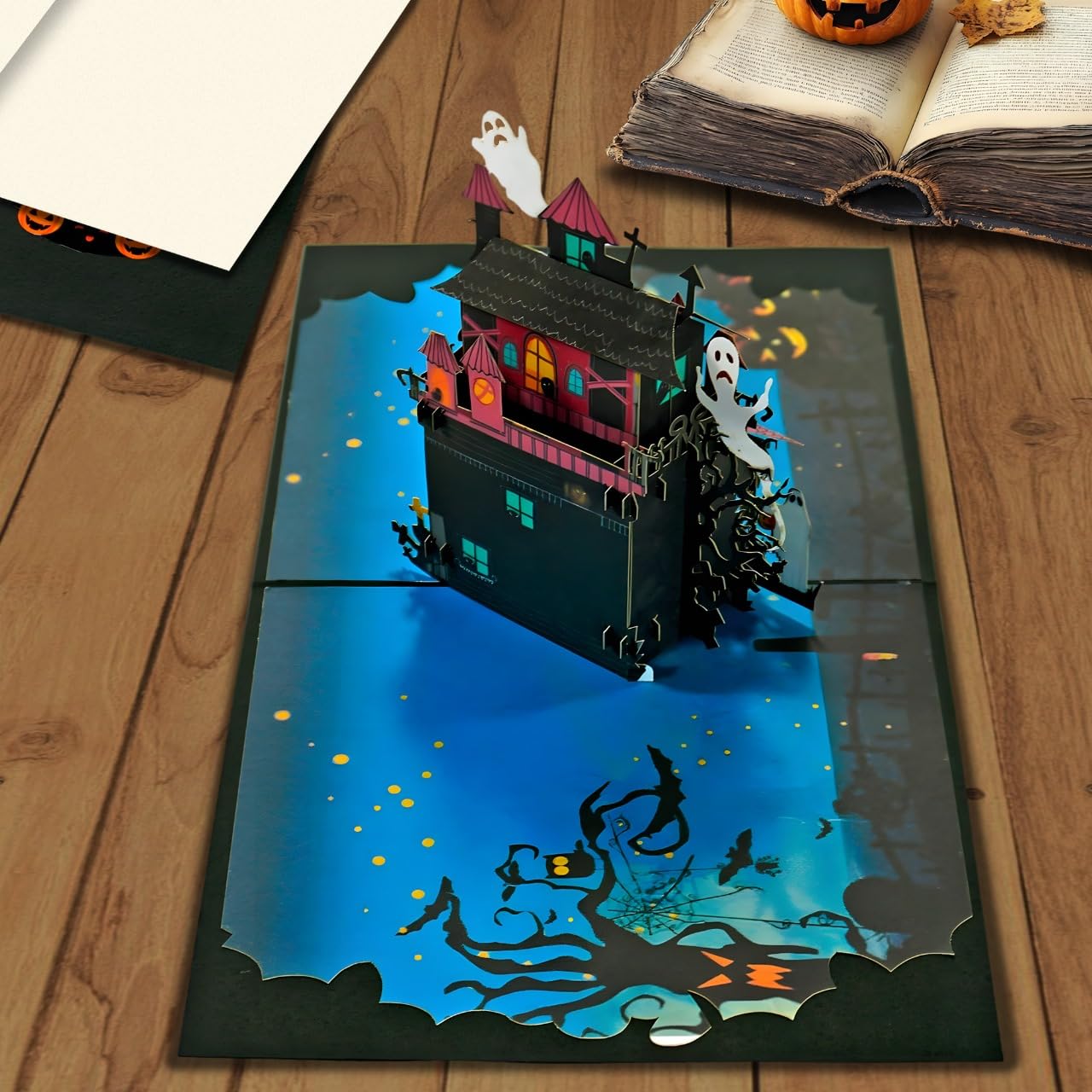 iGifts And Cards Halloween Haunted Mansion 3D Pop-Up Card – Spooky Ghost House, Pumpkins & Bats – 6"x6" Creepy Greeting Card for Trick-or-Treaters, October Birthdays, Parties & Eerie House Gifts