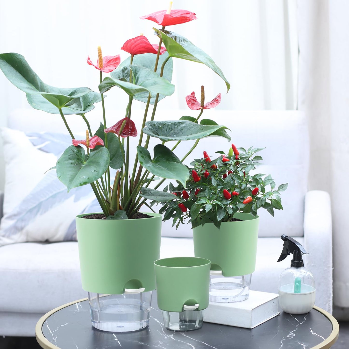 Oliz Plant Pots Indoor 4 Packs Self Watering Pots for Indoor Plants 7.4/6.3/6.3/4.9 inchs, African Violet Pots Planter with Visible Reservoir Self Watering Planter for Herb, House Plant Planting