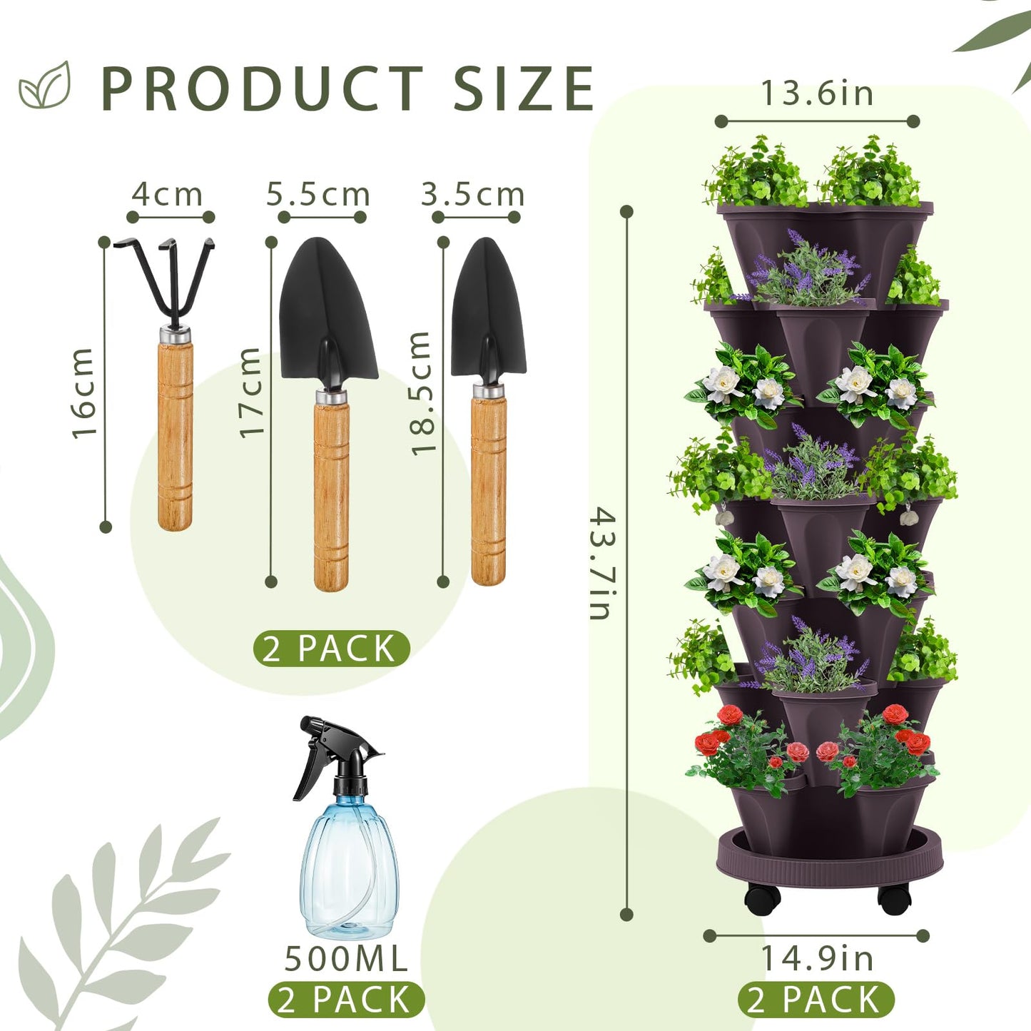Umigy 2 Set Espresso Brown 7 Tier Vertical Planter Stackable Tower Planters Strawberry Herb Flower and Vegetable Pots Indoor Outdoor Gardening Pots with Removable Wheels and Tools