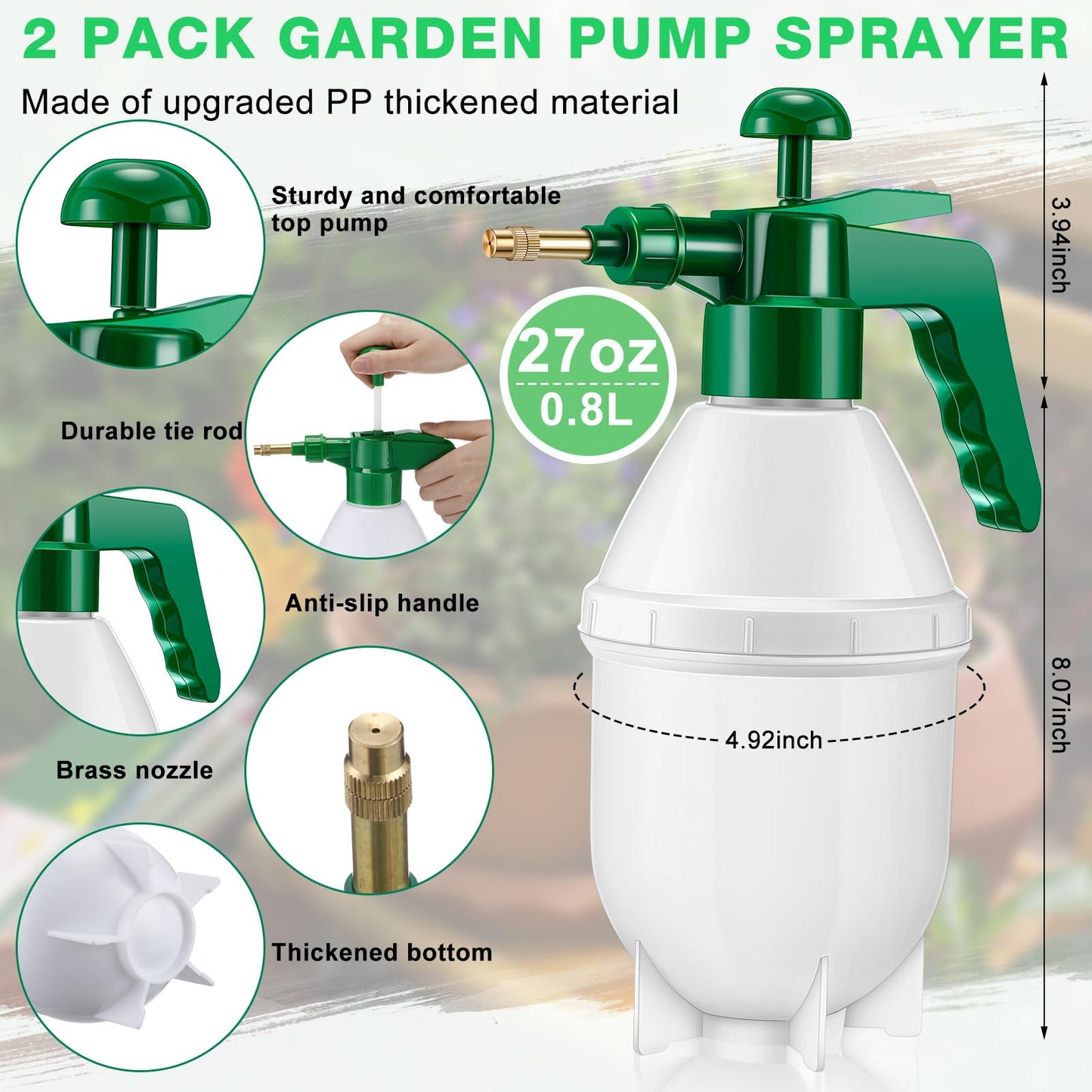 Ziliny 2 Pcs 27 oz Handheld Pump Spray Bottle Garden Mister Spray Bottles Lawn Pressure Hand Pump Sprayer with Adjustable Nozzle for Chemicals Watering Weeds Plants and Cleaning (Green)