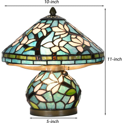 Bieye L10905 Tiffany Style Stained Glass Mushroom-Shaped Double Lit Table Lamp for Home Decor (10-inch, White Magnolia)