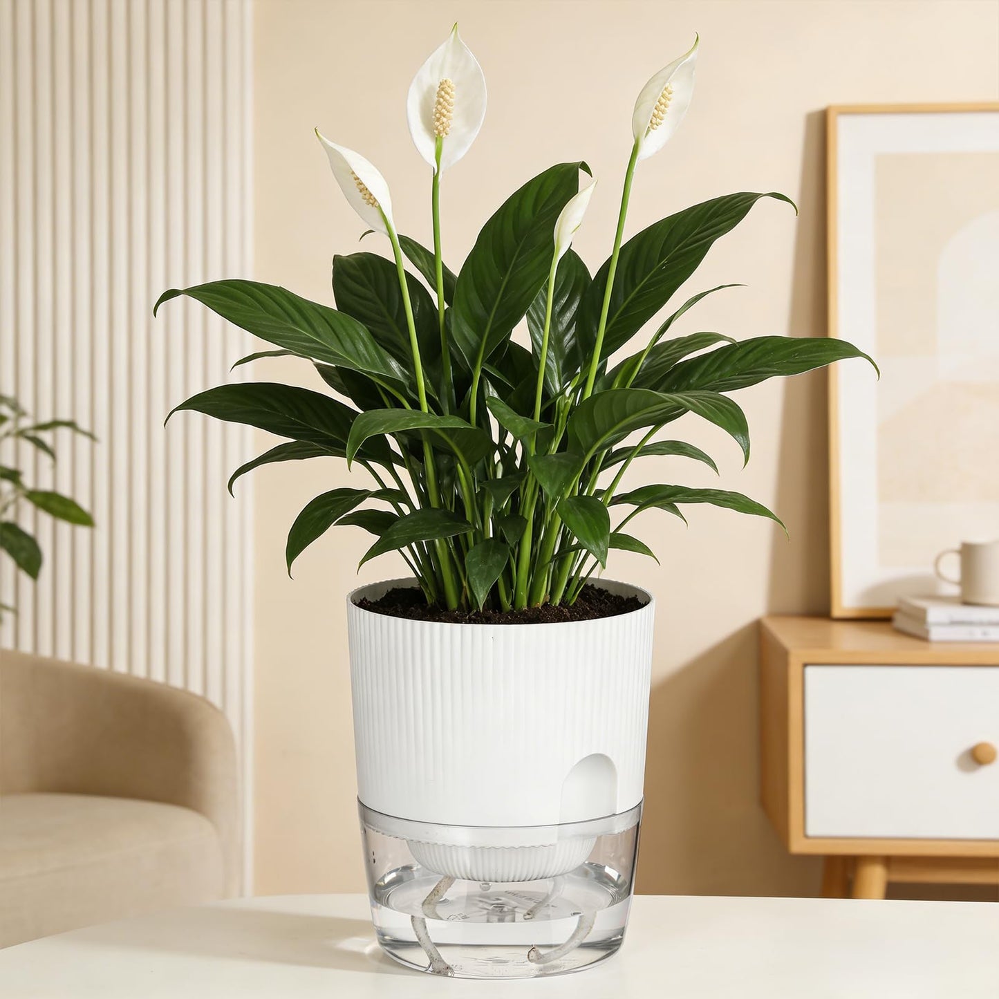 Samhe Plant Pots, 4 Pack 5.7 Inch Self Watering Pots for Indoor Plants, Flower Pots with Deep Reservoir and Drainage Holes - White