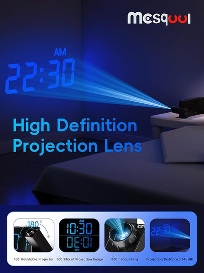 Mesqool Projection Alarm Clock with Bed Shaker, Dual Alarms, 180° Projector, 5-Level Dimmer, USB Phone Charger, Battery Backup, Loud Vibrating Alarm Clock for Heavy Sleepers, Snooze, DST
