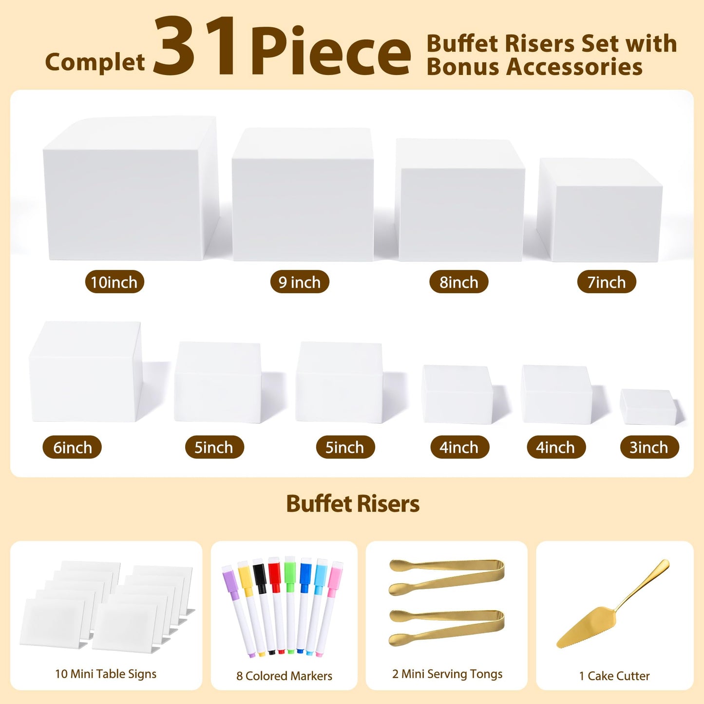 10 Pcs Buffet Risers with Mini Sign and Maker Serving Tongs Cake Cutter, White Acrylic Food Display Stands for Buffet Table Party Catering Dessert Nesting Cube Boxes with Hollow Bottoms (10",9",8",7",6",5",5",4",4",3")