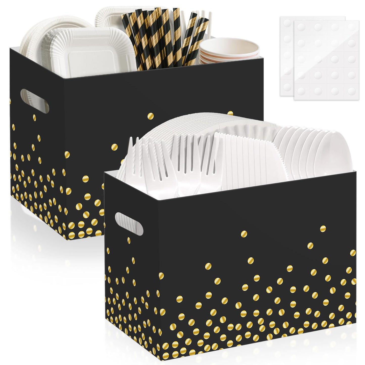AKAIXI 2PCS Black and Gold Utensil Holder Paper Utensil Caddy for Retirement Party Supplies Cutlery Holder with Handles Black and Gold Party Favors Disposable Cutlery Caddy for Birthday Decorations