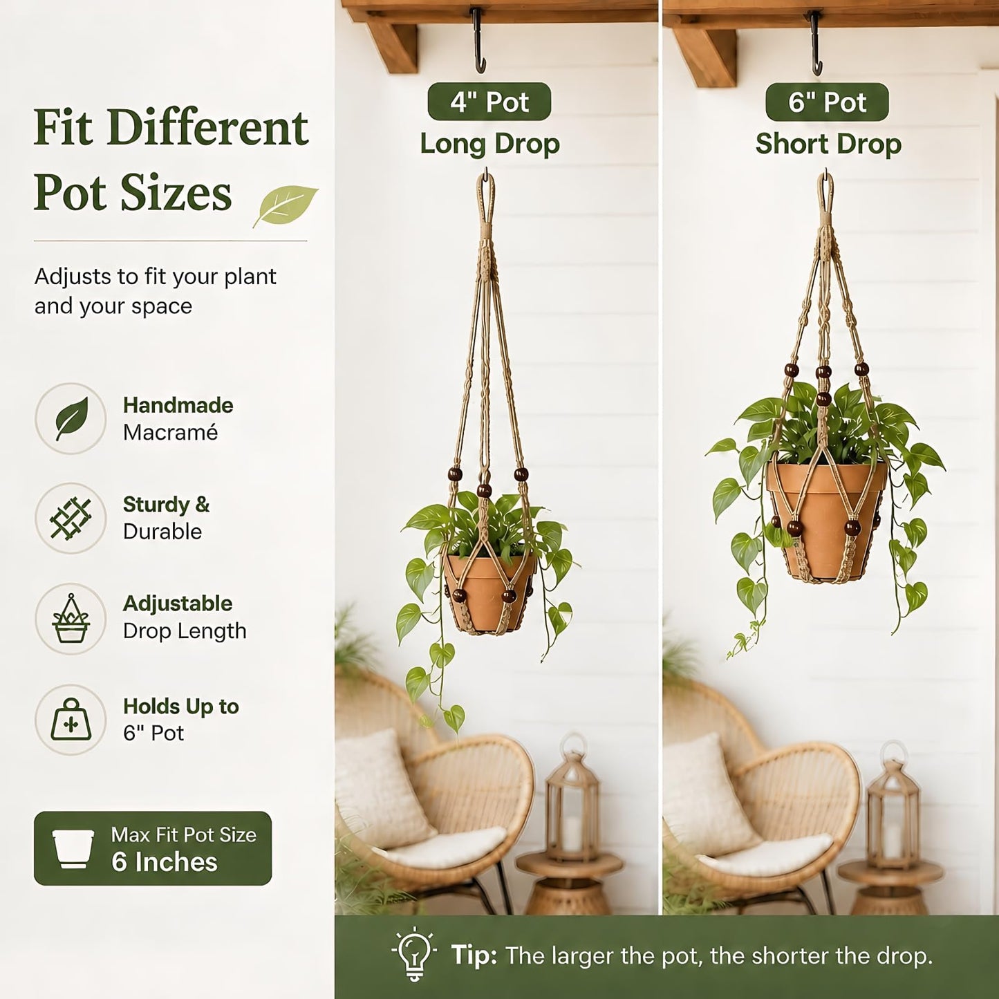 mivofo Macrame Plant Hanger 23", Set of 2 No Tassel Hanging Plant Holder Indoor, Sturdy Flower Pot Holder with Hooks - Brown (Pot NOT Included)
