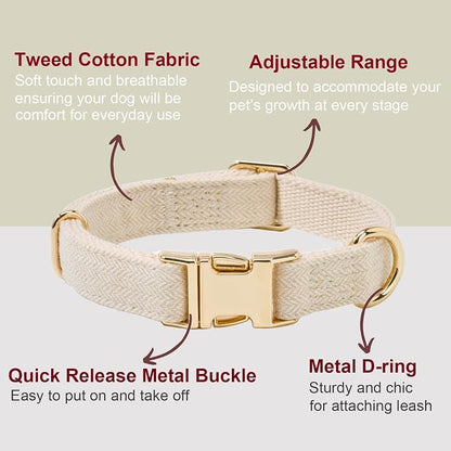 Soft Dog Collar and Leash Set Adjustable Woven Tweed Dog Collars with Metal Buckle and Lead for Small Medium Large Dogs,Beige