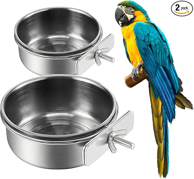 2Pcs Stainless Steel Bird Feeding Bowls, Small Bird Feeding Cup, Stainless Steel Parrot Food Bowl Cage with Holder, Parrot Cage Water Feeder, Pet Cage Cup Holder (Dia 7.09", 4.72",)