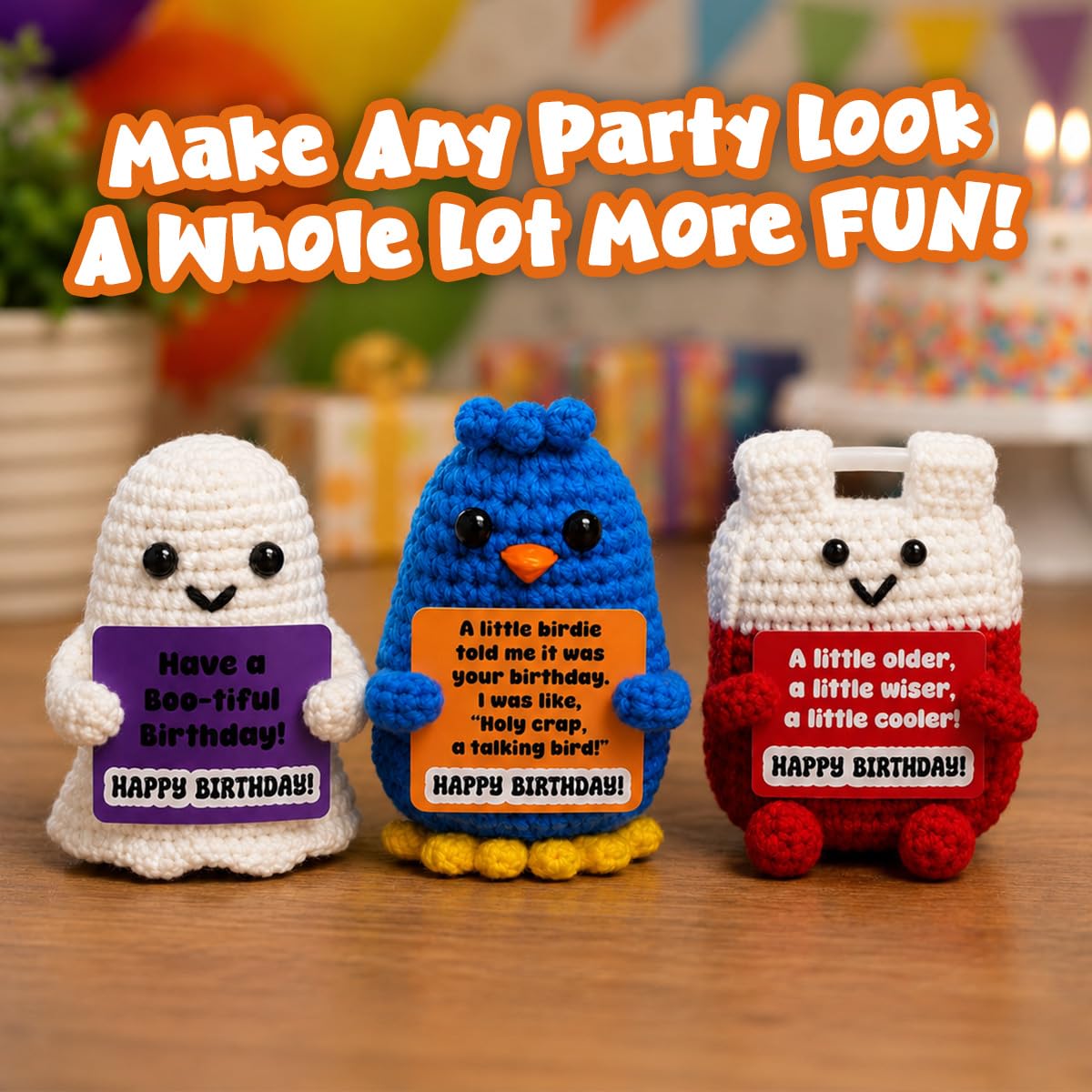 GOOFBALLS Happy Birthday Crochet Figurine – Cute Handmade Knitted Plush Decoration, Small Desk Decor Gift, Birthday Party Table Topper & Keepsake - Pumpkin