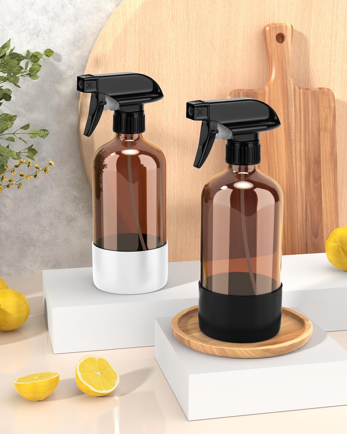 Bontip Glass Spray Bottle with Silicone Sleeve Protection, Amber Glass Spray Bottle Set for Window Cleaner Aromatherapy Facial Hydration Watering Flowers Hair Care 2 Pack/16 oz (Black & White, 16 oz)