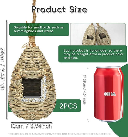 Gute Hummingbird Houses for Outside Hanging, Natural Grass Hanging Bird Hut, Hand Woven Hummingbird Nest, Large Wren Finch Bird House for Garden Window Outdoor Home Decoration, Set of 2