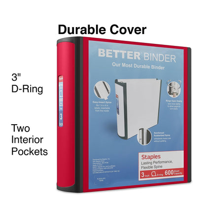 Staples Heavy-Duty 3-Inch D-Ring Binder, Red – 3-Ring Binder with Vinyl Cover, Holds Up to 600 Sheets for School & Office