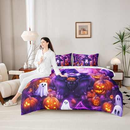 Erosebridal Halloween Highland Cattle Twin Comforter Set 7 Piece for Kids Boys Girls Pumpkin Lantern White Ghost Bed in A Bag with Sheetscartoon Gothic Bedding Set Purple Goth Bed Set