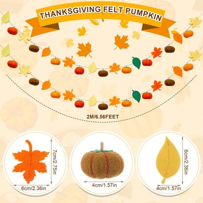 Jecery 2 Pcs Thanksgiving Garland Fall Pumpkin Felt Garland 78 Inches Fall Maple Leaves Pom Pom Felt Banner Autumn Harvest Halloween Thanksgiving Party Decorations for Mantel Fireplace Farmhouse