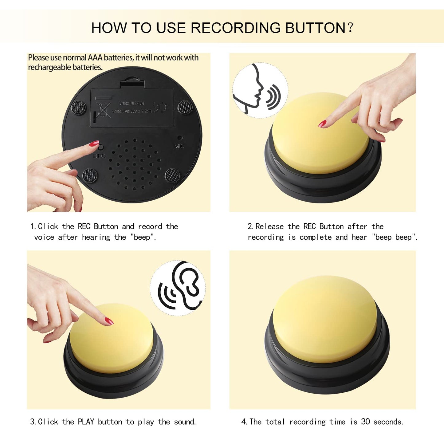 Voice Recording Button, Dog Buttons for Communication Pet Training Buzzer, 30 Second Record & Playback, Funny Gift for Study Office Home 4 Packs
