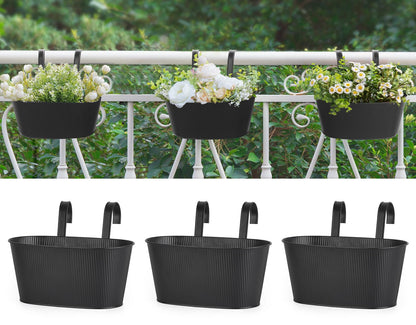 Mkono Metal Railing Planter Box 3 Pack Balcony Hanging Planter for Outdoor Plants with Detachable Hooks and Drain Holes Fence Planters for Any Balcony, Porch or Deck (3, Small)