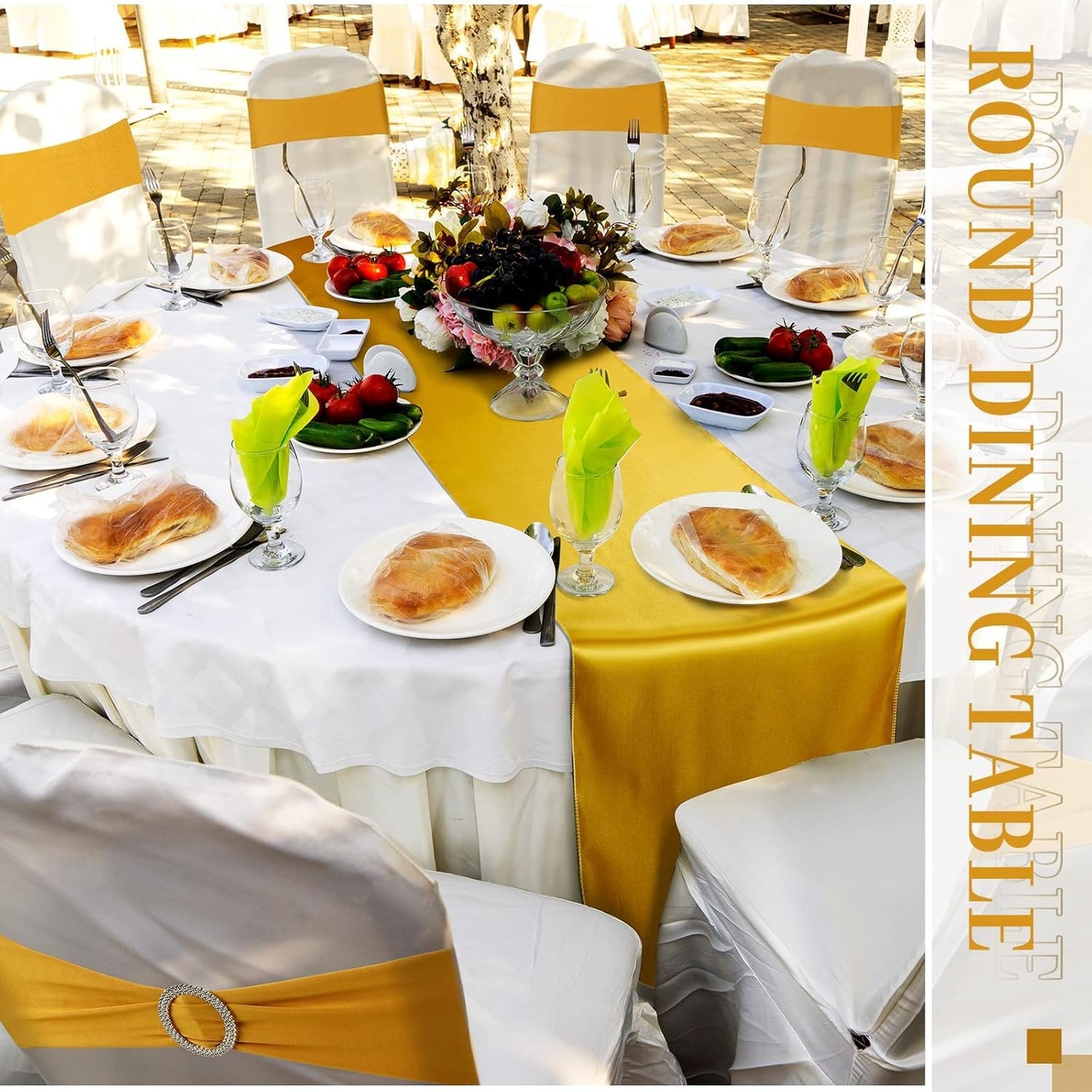 Hosuly 25 Pcs Gold Chair Sashes Bow with 10 Pcs Satin Table Runner Spandex Chair Sashes with Buckle Slider Satin Silk Runner for Wedding Ceremony Banquet Hotel Party Rectangle Round Table Decor