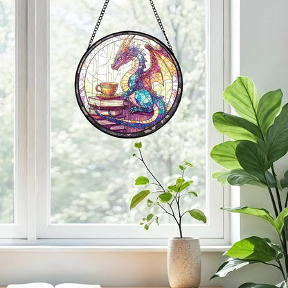 Greatingreat Dragon Stained Glass Window Hanging,Home Room Decor 7.8 Inch Sun Catchers Indoor Window, Whimsical Decor for Fantasy Lovers, Friends, Family, Classmates