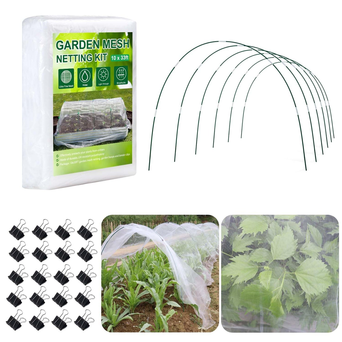 KLEWEE Garden Netting Kit for Raised Beds, 10 x 33 ft Ultra Fine Mesh Netting and 6 Sets Fiberglass Garden Hoops, Garden Bed Row Covers for Plants Vegetables from Animals Barrier Insects Bugs