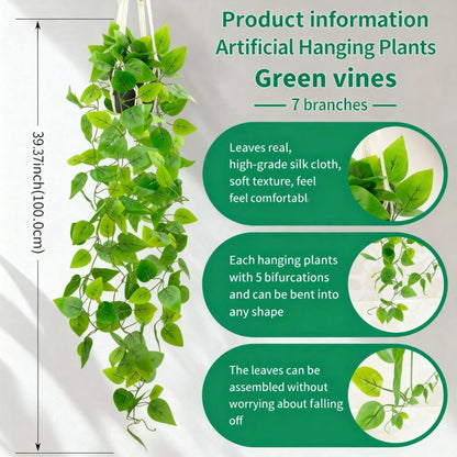 LUZOGA Fake Pothos in Rope - Hanging Pot, Artificial Pothos Plants for Home Decor Indoor Macrame Plant Hanger with Faux Vine Hanging Planter Greenery for Bedroom Bathroom Kitchen Office Decor