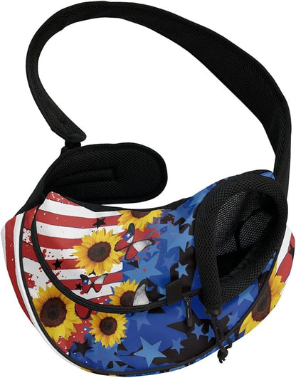 FUSURIRE American Flag Sunflower Print Small Dog Sling Cat Carrier Adjustable Strap Hands Free Pet Puppy Travel Bag Backpack for Women Girls