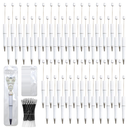 DASTTUIS 150 Pieces DIY Beadable Pen Kit – 50 Plastic Ballpoint Pens with Refills & Bags – School Supplies, Office Accessories & Decorative Items for Students & Teachers （White）