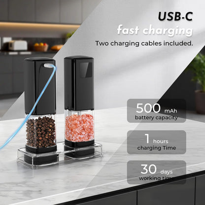 IFONPY Upgraded Larger Capacity Electric Salt and Pepper Grinder Set Rechargeable with Digital Display, Refillable Electric Pepper Grinder Mill Set with Light & Ceramic Core, Adjustable Coarseness