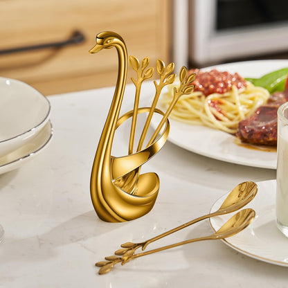 AnSaw Gold Swan Base With 10-Pcs Mini Leaf Coffee Spoon Holder Set - 4.7"