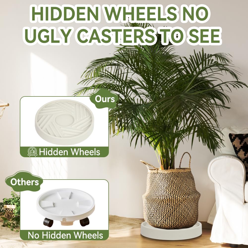 UoeRing 2 Pcs Plant Caddy with Wheels 12.4 Inch Hidden Wheels Heavy Duty Rolling Plant Stand, Indoor Outdoor Plant Saucer Tray with $9.9 Garden Tools (Beige)