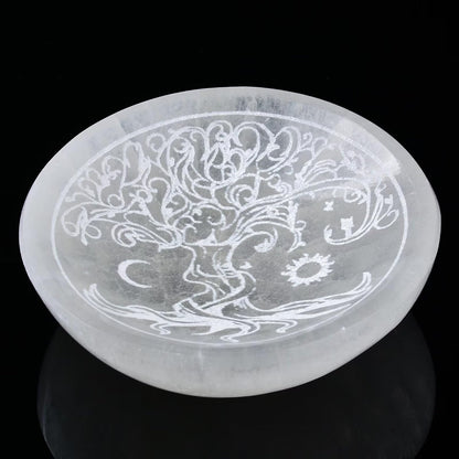 AMOYSTONE Natural Selenite Charging Bowl with Tree of Life Engraving 3.5-4'' Energy Cleansing Crystal Plate for Healing Meditation and Spiritual Home Decor