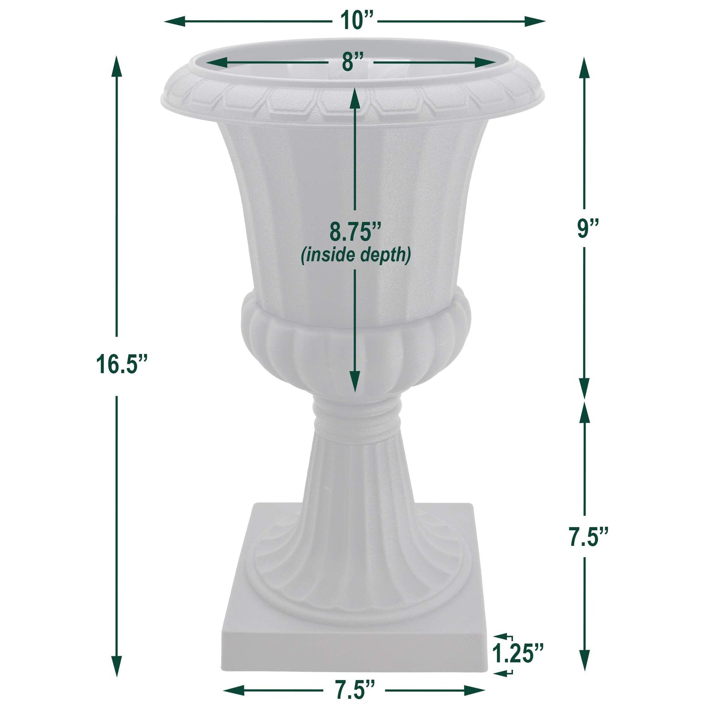 Arcadia Garden Products Plastic Garden Pedestal Urn, Set of 2 Classic Decorative Garden Pot Planter for Indoor and Outdoor Plants, 10” x 17”, White