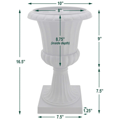 Arcadia Garden Products Plastic Garden Pedestal Urn, Set of 2 Classic Decorative Garden Pot Planter for Indoor and Outdoor Plants, 10” x 17”, White