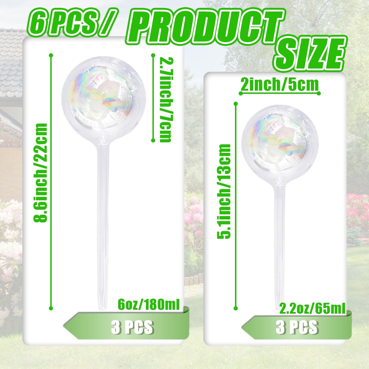 Pynqdfu 6Pcs Plant Watering Globes,Iridescent Rainbow Glass Self Watering Planter Insert,Clear Watering Bulbs for Indoor,Outdoor,Flowerpot,Hanging Plants,Home Garden(3 Large+3 Small)