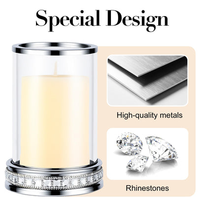 2pcs Hurricane Candle Holder, Pillar Candle Holders with Clear Glass Sleeve, Small Crystal Lantern for Fall Thanksgiving Christmas Holiday Dining Table Centerpiece (Silver)